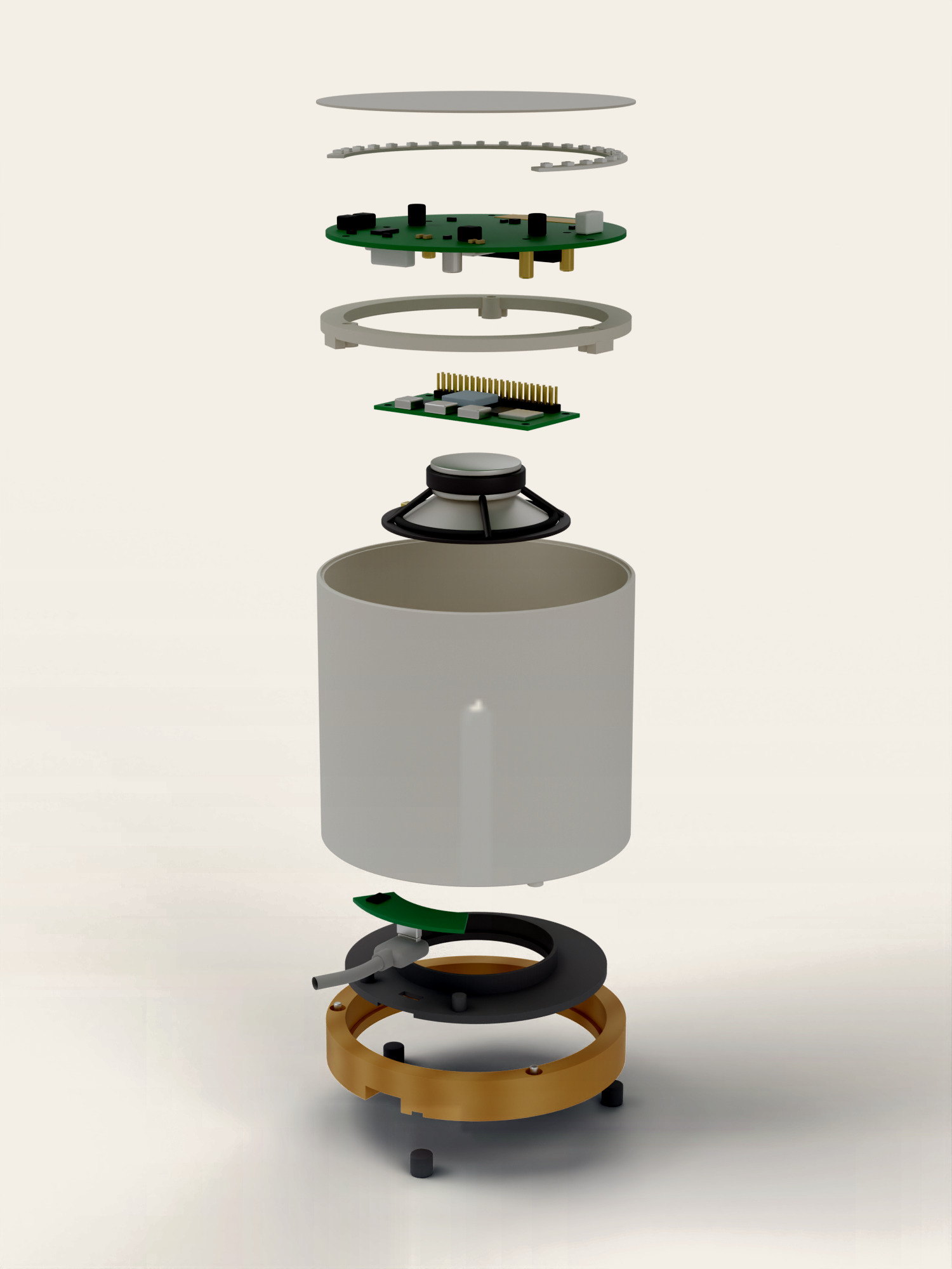Fenn pulled apart into a vertical stack of parts. The light ring is unlit.